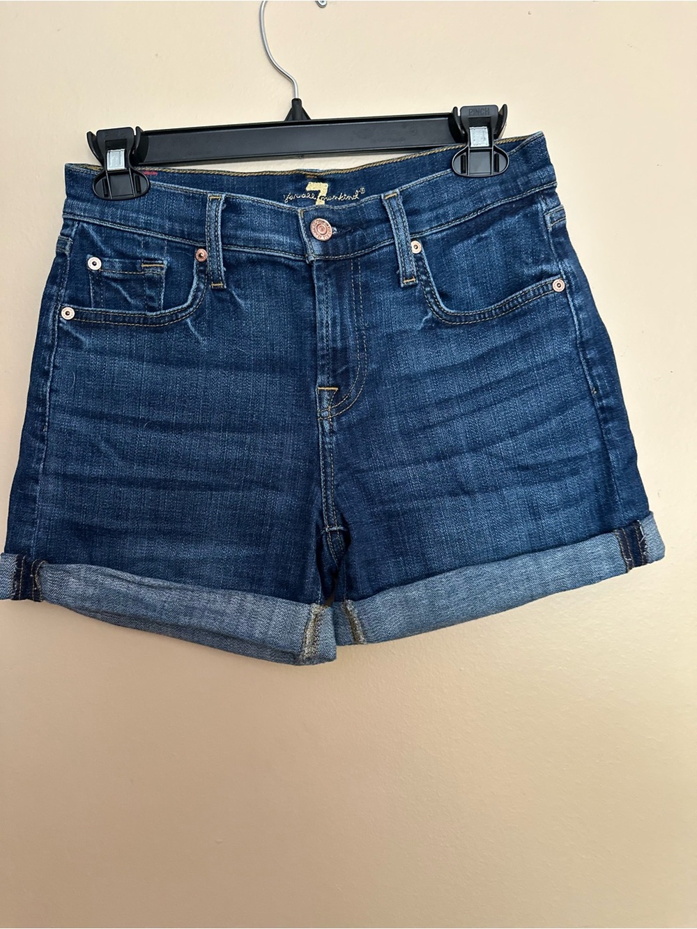 7 For All Mankind Dark Blue Rolled Cuff Jean Shorts